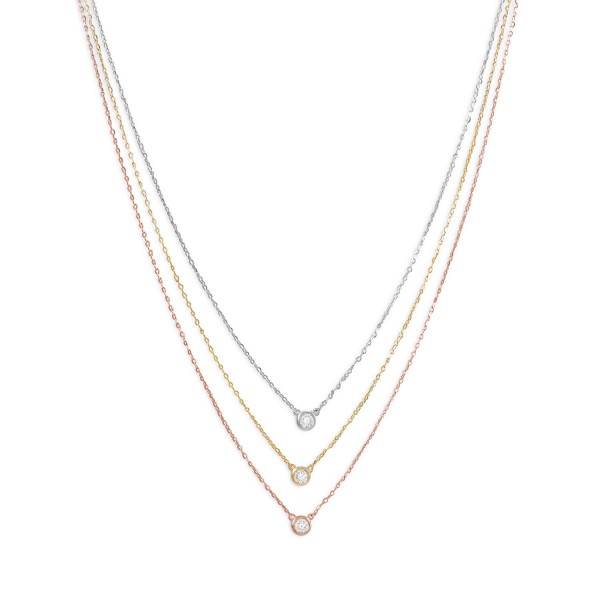 Three-tone Triple Necklace with Cubic Zirconia 14 Karat Yellow Gold and Rose Gold on Sterling Silver Delicate Necklace for Women