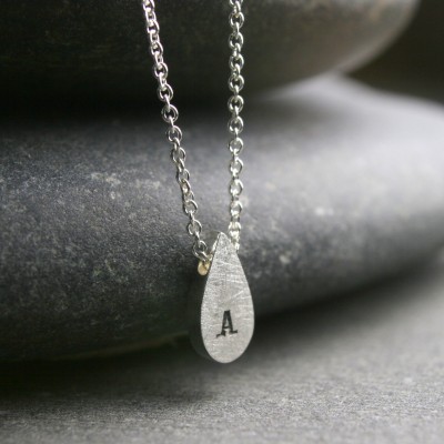 Tiny sterling silver pear shaped initial monogram personalized drop pendant necklace