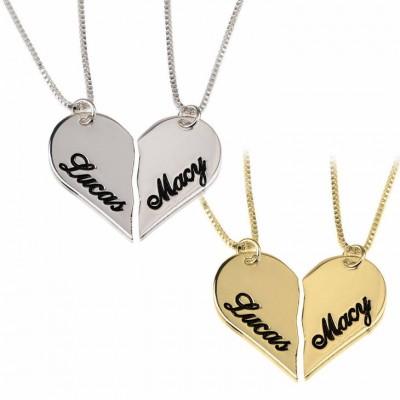 Two Half Heart Necklaces, Engraved Necklace, Custom Name jewelry,Breakable Heart Pendant, Personalized gift, LOVE Jewelry, Couple Gift