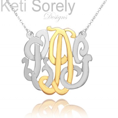 Two tone Monogram Necklace With Gold & Silver Combination - Small To Large Sizes - Yellow or Rose Gold Overlay