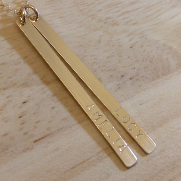 Vertical Bar Necklace Gold - Long Mom Necklace - Personalized Kids Names Long Gold Necklace - Long Layered 2 Bars - Engraved Push Present