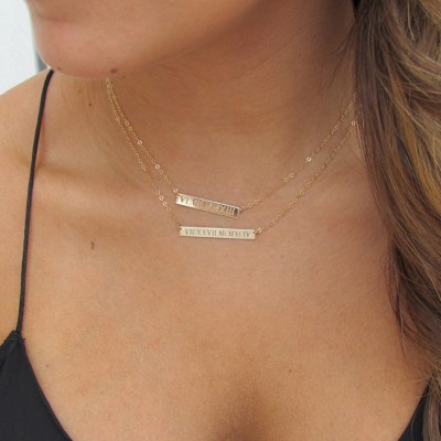 WEDDING DATE Roman Numeral Bar Necklace, Engraved Gold Bar Necklace, Personalized Nameplate Necklace, 14K Gold Filled or Sterling
