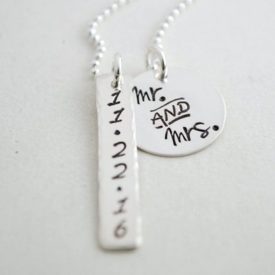 Wedding Date Engagement Necklace - Mr. and Mrs. Personalized Custom Necklace Hand Stamped Sterling Silver