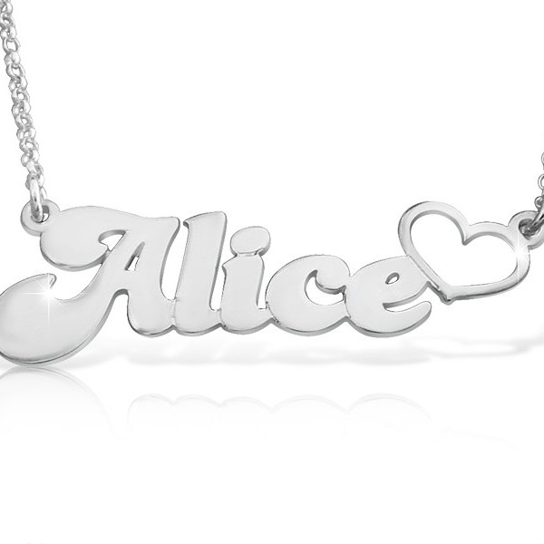 White Gold Nameplate Necklace With Heart Name Locket Necklace Name Necklace White Gold Heart Necklace For Her Heart Necklace Name