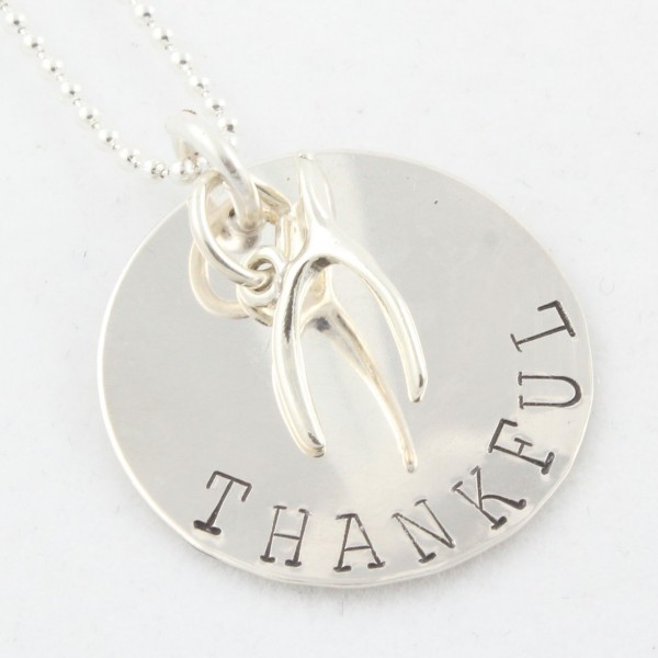 Wishbone Thankful Thanksgiving Necklace - Sterling Silver Hand Stamped Hostess Gift - Christmas Gifts
