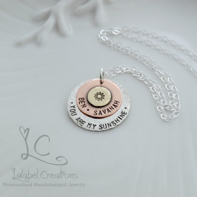 You Are My Sunshine Necklace, Hand Stamped Mother Necklace, Mixed Metal Necklace, Custom Name Necklace with Names, Personalized Gift for Mom