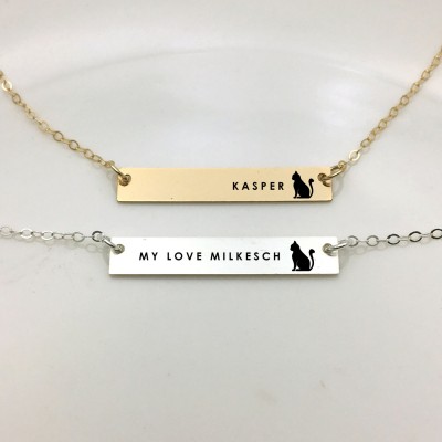 cat engraved Gold filled/Sterling Silver Bar Necklace/Personalized Name ID / Customized text message Necklace/ cat lover/animal lover