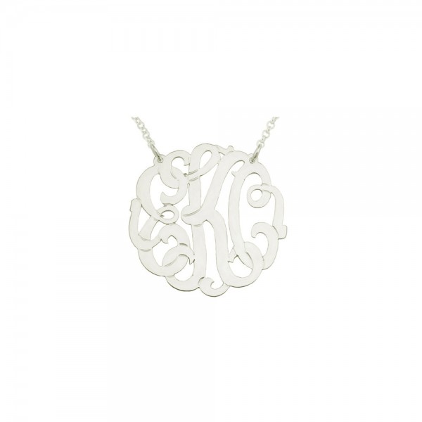 mono137w - White Rhodium Plated 2" Sterling Silver XL Curly Initials Monogram necklace (1mm)