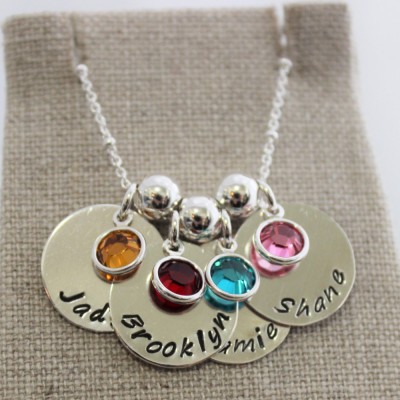 mothers necklace with birthstones, family necklace, names and birthstones, sterling silver name pendants, mothers necklace, 4 kids names