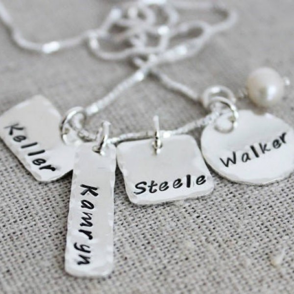 names necklace - personalized mothers necklace - hand stamped sterling silver names necklace, 4 names necklace, hand stamped sterling silver