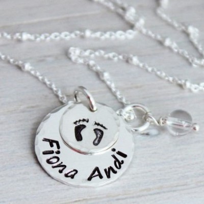 stamped name necklace | one name and birthstone necklace | 1 name necklace | new mom gift | push present | baby feet necklace