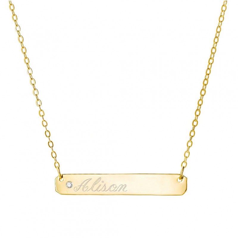 0 03ct Diamond Personalized Engraved Name Bar Necklace In 14k Yellow Gold Over 925 Sterling