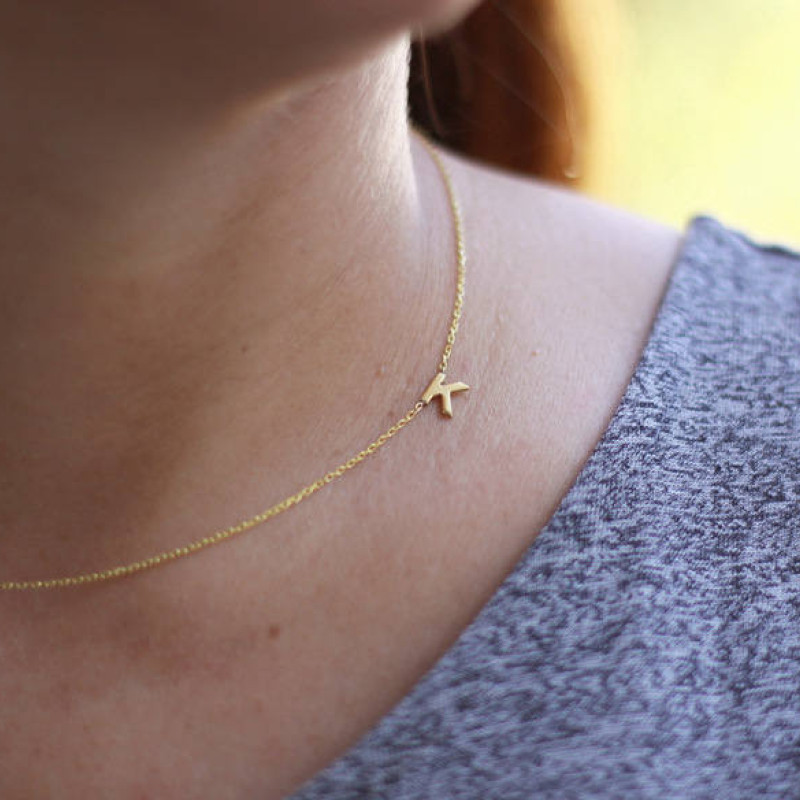 14k Solid Gold TINY Initial sideways Necklace,Gold Initial Necklace