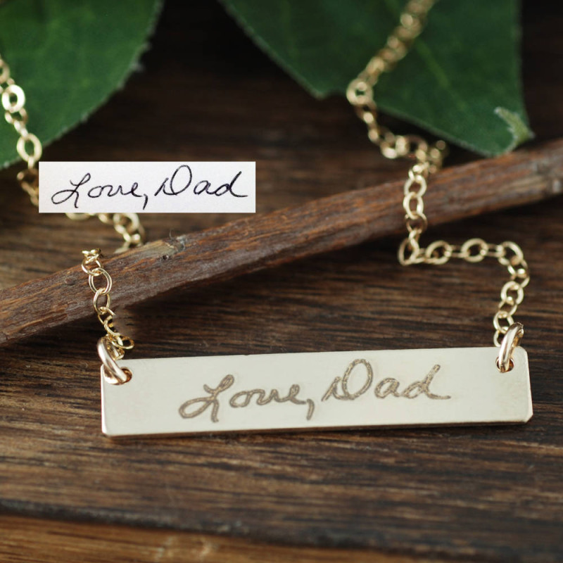 Custom Handwriting Bar Necklace, Loved Ones Engraved Handwriting