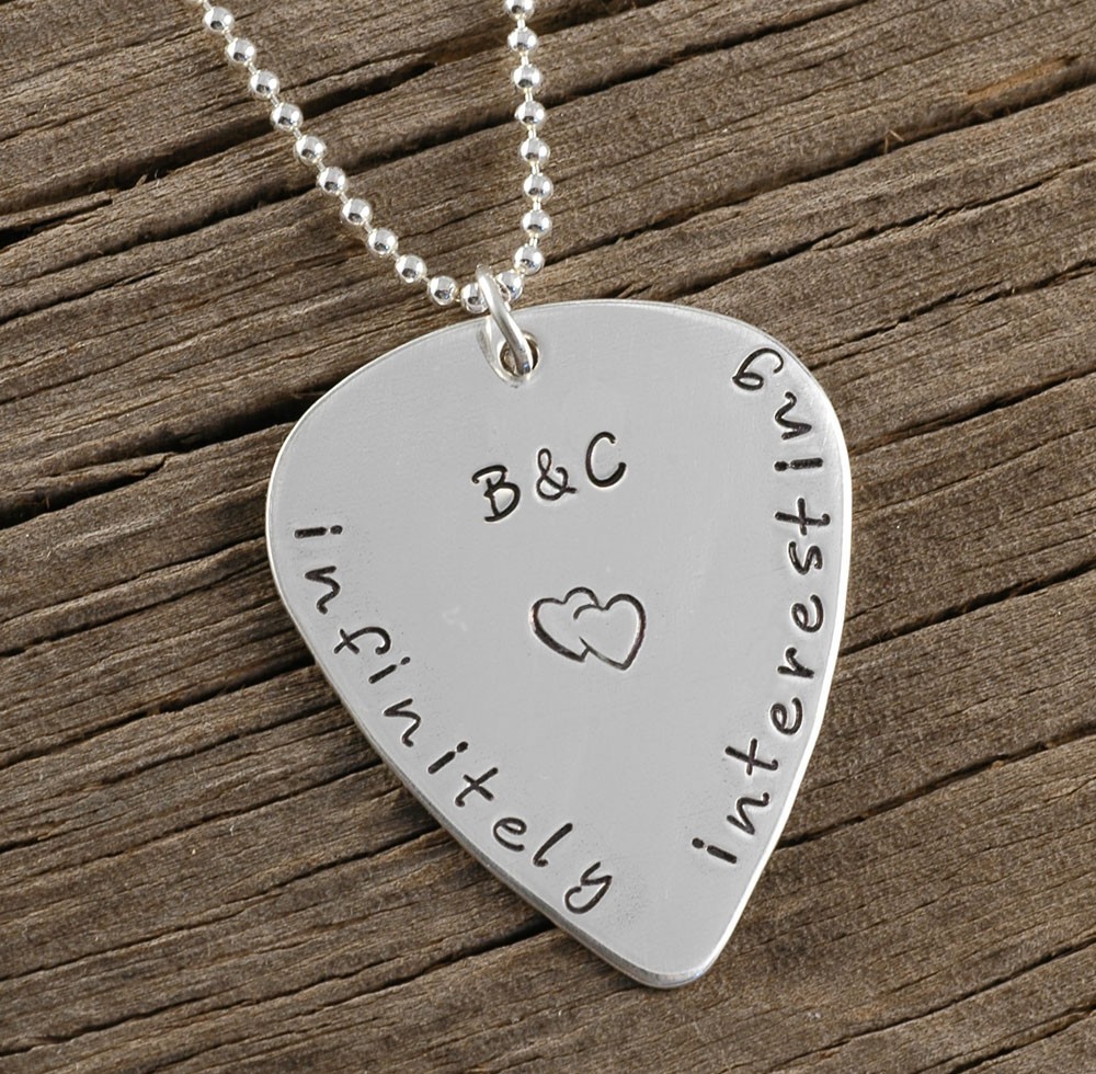 Engraved Guitar Pick Necklace Personalized sterling silver Double Sided