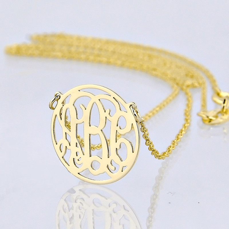 Extra Small Solid Gold 3 Initials Tiny Circle Monogram Necklace 1/2