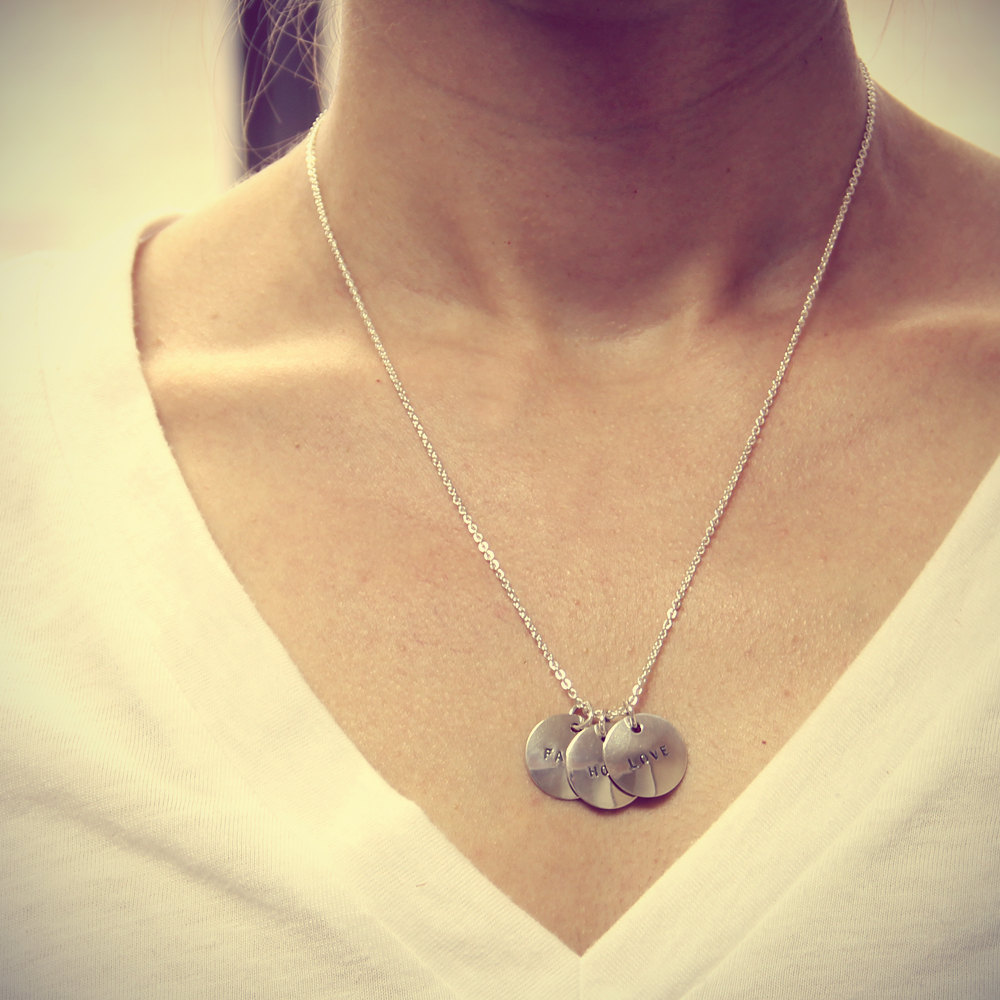 Faith Hope Love Necklace three hand stamped silver