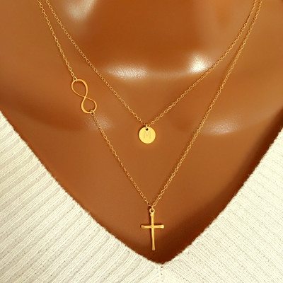 Layered Necklace, Layered SET of Two Necklace, Infinity Cross and Disc Necklace, Personalized Gift, Christmas Gift,Gift for Mom