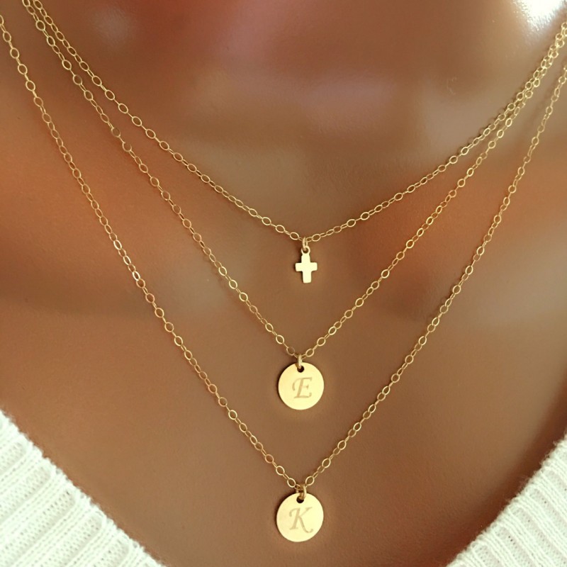 Layered tiny cross and disc necklace, All 14K gold filled, personalized
