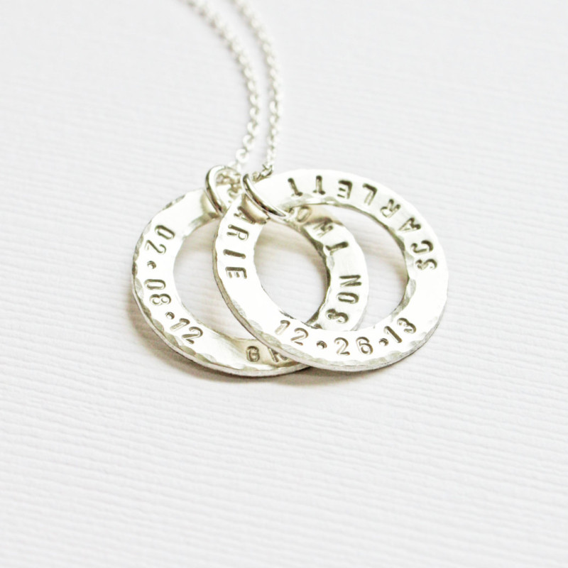 Personalized Silver Baby Name and Birthdate Necklace Washer Ring