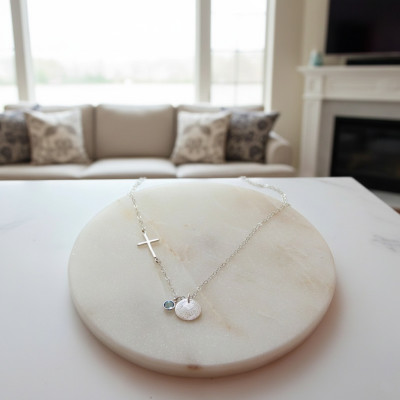 Fingerprint Necklace • Custom Personalized Engraved Keepsake • Cross Necklace •  Christian Birthstone •  Push Gift • Memorial Gift  [18-201]