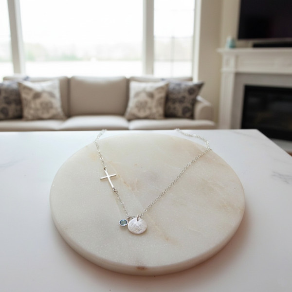 Fingerprint Necklace • Custom Personalized Engraved Keepsake • Cross Necklace •  Christian Birthstone •  Push Gift • Memorial Gift  [18-201]