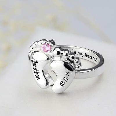Engraved Baby Feet Ring with Birthstone Sterling Silver  - Name My Jewelry ™