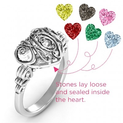 Cursive Mom Caged Hearts Ring with Butterfly Wings Band - Name My Jewelry ™