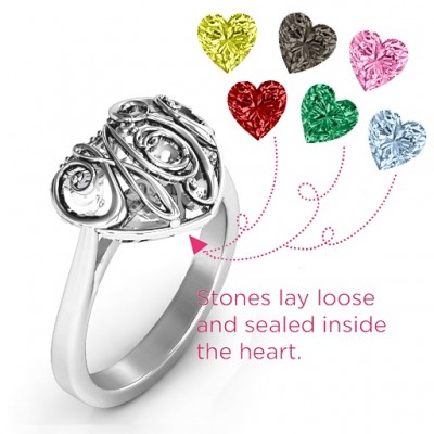Cursive Mom Caged Hearts Ring with Ski Tip Band - Name My Jewelry ™