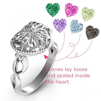 Sterling Silver Butterfly Caged Hearts Ring with Infinity Band - Name My Jewelry ™