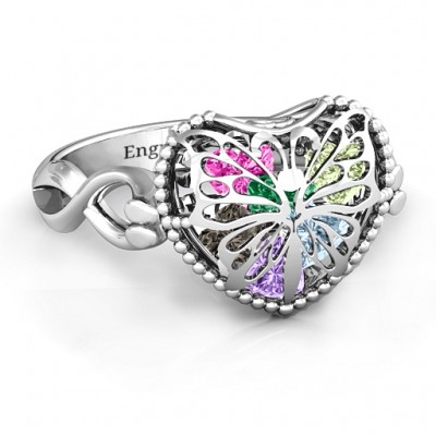 Sterling Silver Butterfly Caged Hearts Ring with Infinity Band - Name My Jewelry ™