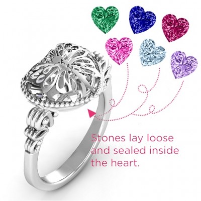Butterfly Caged Hearts Ring with Butterfly Wings Band - Name My Jewelry ™