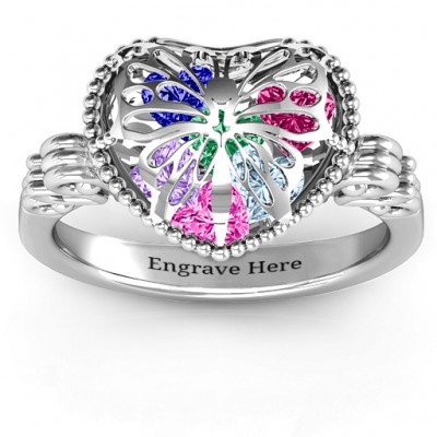 Butterfly Caged Hearts Ring with Butterfly Wings Band - Name My Jewelry ™