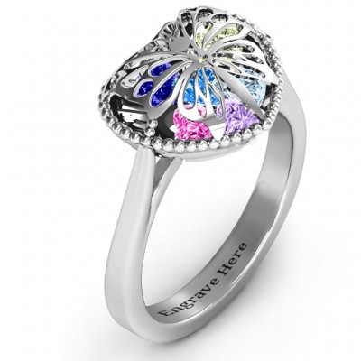 Butterfly Caged Hearts Ring with Ski Tip Band - Name My Jewelry ™