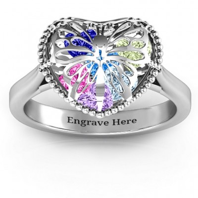 Butterfly Caged Hearts Ring with Ski Tip Band - Name My Jewelry ™