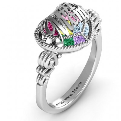 #1 Mom Caged Hearts Ring with Butterfly Wings Band - Name My Jewelry ™