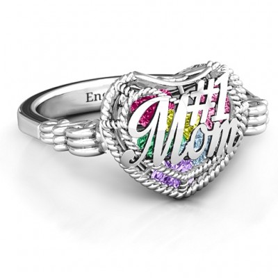 #1 Mom Caged Hearts Ring with Butterfly Wings Band - Name My Jewelry ™