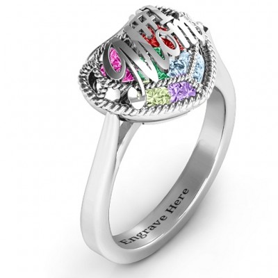 #1 Mom Caged Hearts Ring with Ski Tip Band - Name My Jewelry ™