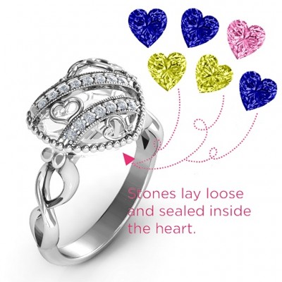 Sparkling Diamond Hearts Caged Hearts Ring with Infinity Band - Name My Jewelry ™