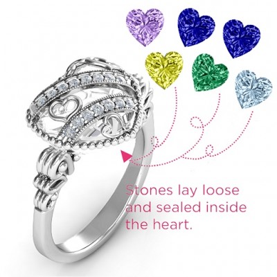 Sparkling Diamond Hearts Caged Hearts Ring with Butterfly Wings Band - Name My Jewelry ™