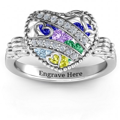 Sparkling Hearts Caged Hearts Ring with Butterfly Wings Band - Name My Jewelry ™