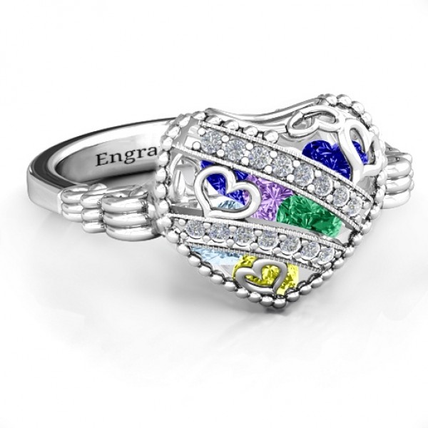 Sparkling Diamond Hearts Caged Hearts Ring with Butterfly Wings Band - Name My Jewelry ™