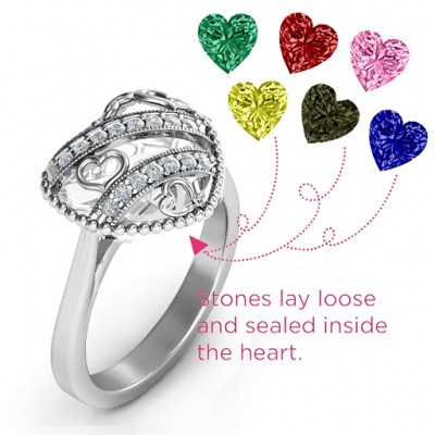 Sparkling Hearts Caged Hearts Ring with Ski Tip Band - Name My Jewelry ™