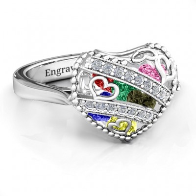 Sparkling Hearts Caged Hearts Ring with Ski Tip Band - Name My Jewelry ™