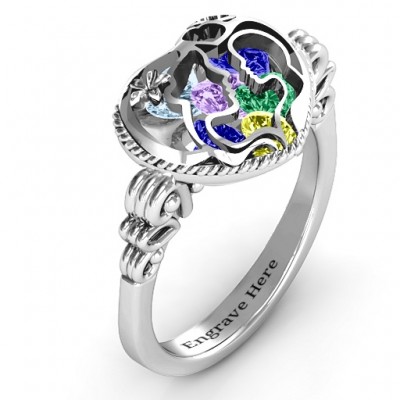 Mother and Child Caged Hearts Ring with Butterfly Wings Band - Name My Jewelry ™