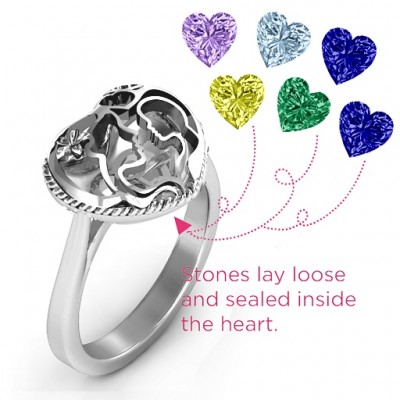Mother and Child Caged Hearts Ring with Ski Tip Band - Name My Jewelry ™