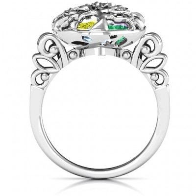 Family Tree Caged Hearts Ring with Butterfly Wings Band - Name My Jewelry ™
