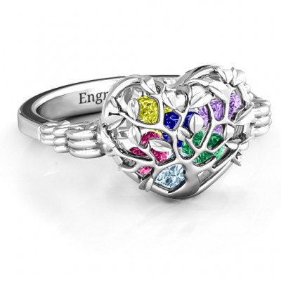 Family Tree Caged Hearts Ring with Butterfly Wings Band - Name My Jewelry ™