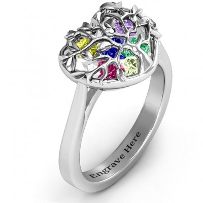 Family Tree Caged Hearts Ring with Ski Tip Band - Name My Jewelry ™