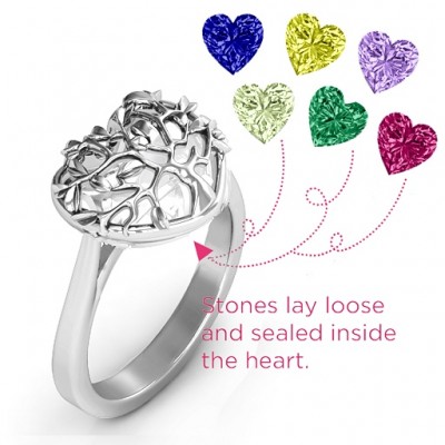 Family Tree Caged Hearts Ring with Ski Tip Band - Name My Jewelry ™
